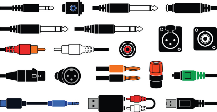 Audio connection cable plug types presenting phone jack trs rca connector xlr female socket banana speaker optical toslink usb adapter