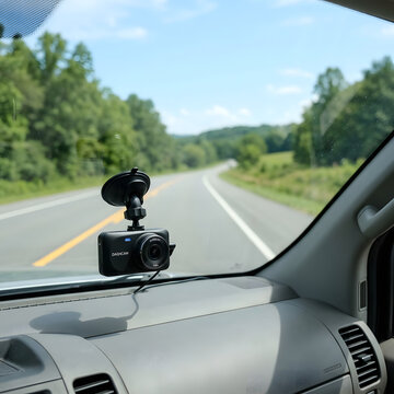 Modern black dashboard camera mounted securely on vehicle windshield recording road during daytime trip