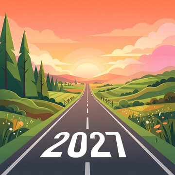 Long asphalt highway stretching forward into glowing colorful sunset horizon featuring numbers two thousand twenty seven