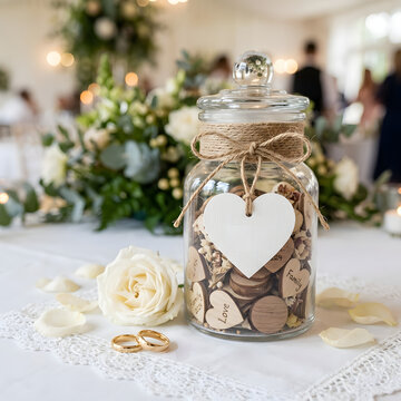 Decorative glass jar filled with wooden heart tokens for wedding guests sitting on table