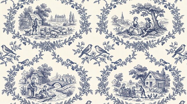 Blue and cream toile de jouy pattern with pastoral scenes, birds, and floral vine frames