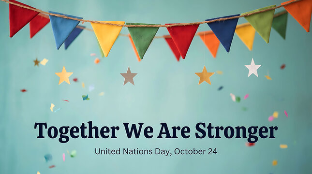 United Nations Day celebration graphic with colorful bunting flags, stars and confetti on turquoise background