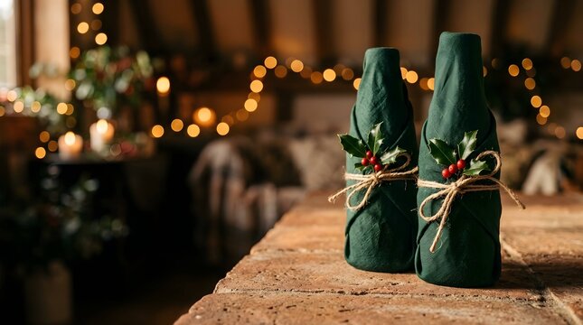 Elegant Christmas gift wrap with green fabric and holly on glass bottles in a cozy festive room