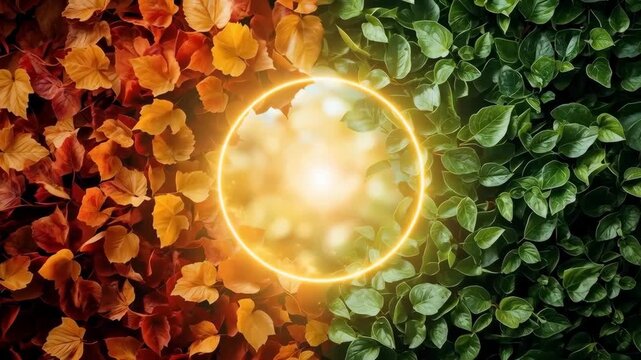 Autumn Leaf Green Foliage Frame Surrounding Glowing Golden Circle Warm Light