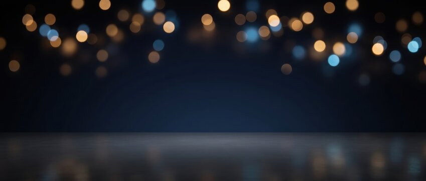 Blurred background, with golden and, blue bokeh light, circles, dark navy, blue gradient surface, horizontal composition with, soft glowing spots, of light
