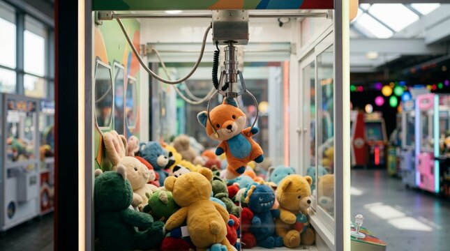 Metal claw grabbing plush toy inside arcade crane game. Stuffed animals in coin operated amusement machine