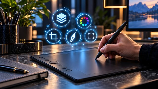 Digital artist using a graphics tablet and stylus to edit images with creative software icons floating above the workspace