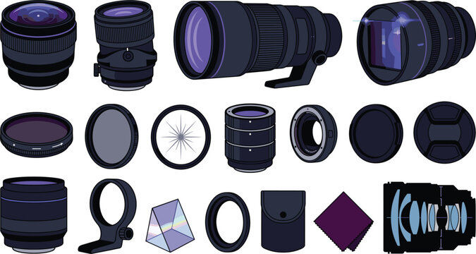 Camera lens accessories showcasing telephoto zoom fish eye macro glass prism filter adapter ring mount pouch cross section reflection flare cap