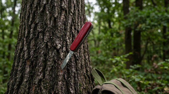 Red pocket knife stuck in tree bark in forest. Multi tool blade embedded in trunk with backpack