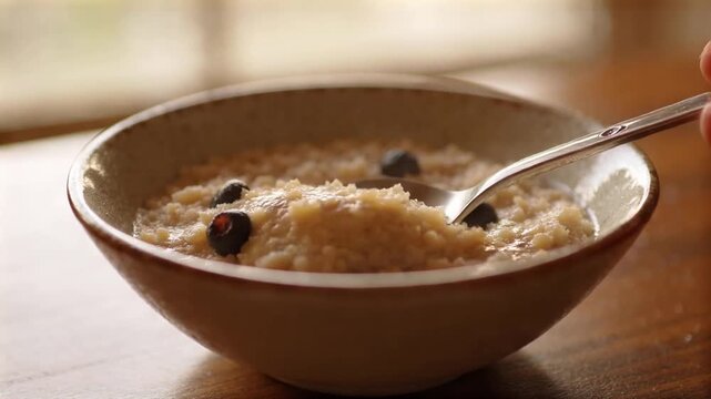 Oatmeal spoon lowering into a breakfast bowl
