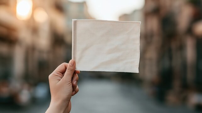 Extreme macro of hand holding blank cream linen fabric flag with hemmed sleeve and wrinkles against blurred city street at golden hour