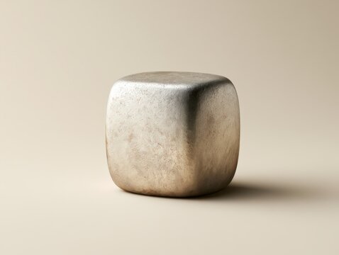 Extreme macro of softly rounded cube like pure indium metal block with matte grainy silver surface on smooth beige and warm cream background