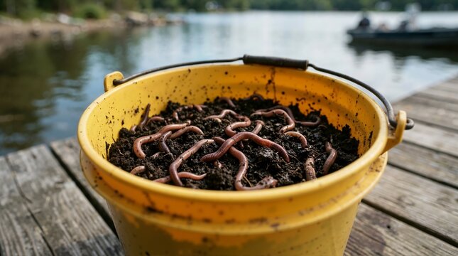 Live earthworms crawling in a yellow bait bucket on a wooden dock. Fishing tackle and live nightcrawler bait by a lake