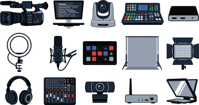 Live streaming broadcasting gear studio kit showing camcorder ptz camera video switcher stream deck teleprompter ring light panel webcam backdrop