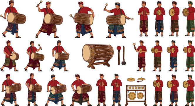 Traditional Indonesian Gamelan Musicians Vector Collection featuring Balinese Kendang Drummers Ceng Ceng Cymbals Gong Instrument and Ethnic Folk Ensemble