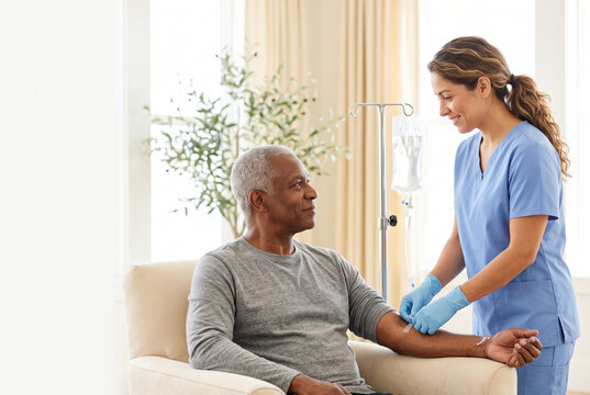 Older man receiving medical care from female nurse in a clinic  