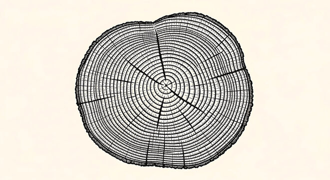Wood tree ring cross section graphic illustration drawing showing age and growth.