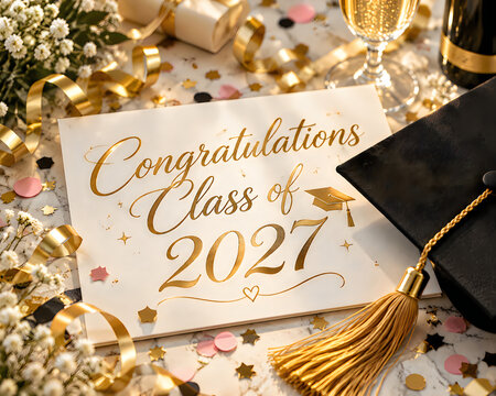 Graduation celebration card with cap and confetti for class of 2027
