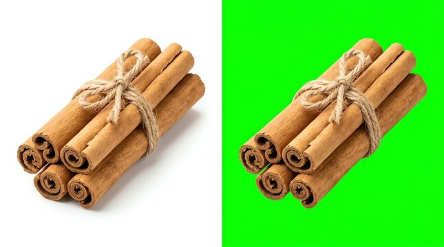 Cinnamon Sticks Bundle Tied with String on White Background and Green Cutout