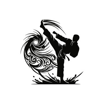 Martial artist performing high kick in dynamic black and white