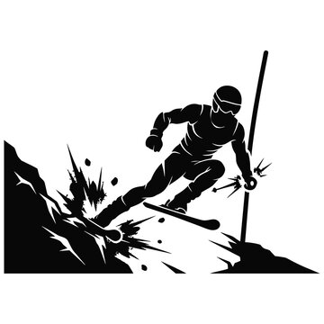Black silhouette of a skier carving through snow on a mountain slope