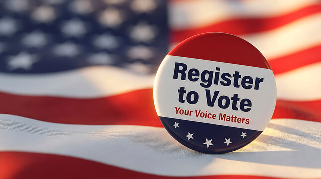 A patriotic voter registration button resting on an American flag backdrop, symbolizing civic duty and democracy