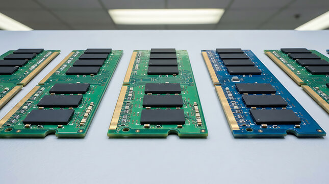Row of computer RAM memory modules on a white surface.