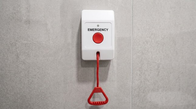 Red emergency button on wall, Safety alarm security device for accessible bathroom design