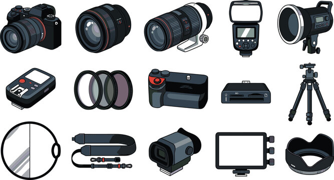 Professional photography digital camera hardware featuring telephoto zoom lens speedlight flash battery grip tripod light reflector trigger filter hood strap