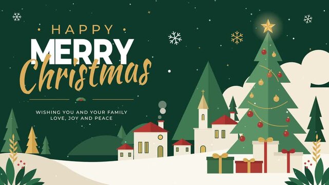 Christmas village with falling snow and pine trees in a flat vector style