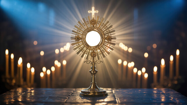 Sacred monstrance with glowing candles at a religious service