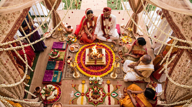 Traditional hindu wedding ritual under a decorated mandap with fire