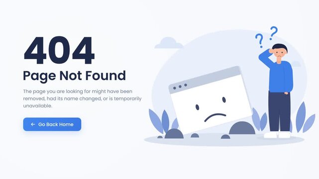 404 error page animation with confused character and sad browser icon