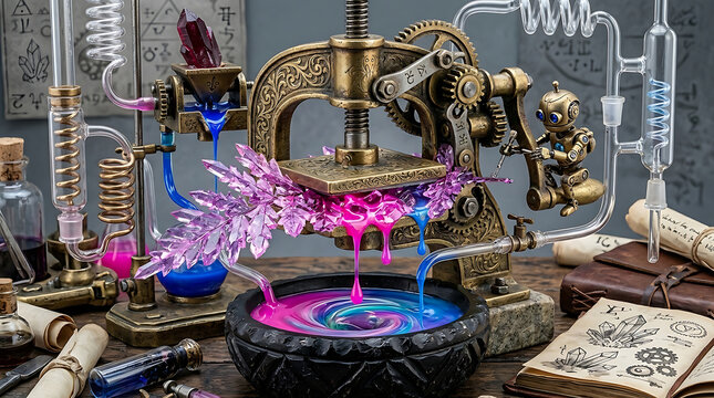 Steampunk alchemy lab with crystal press producing colorful liquid and enchanted glowing plants.
