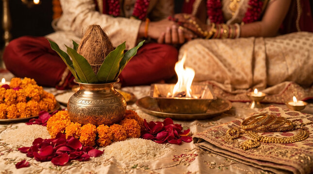 Hindu wedding couple performing sacred marriage rituals with fire