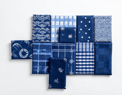 Twelve folded indigo dyed Japanese cotton cloths with assorted patterns on white, flat lay from above