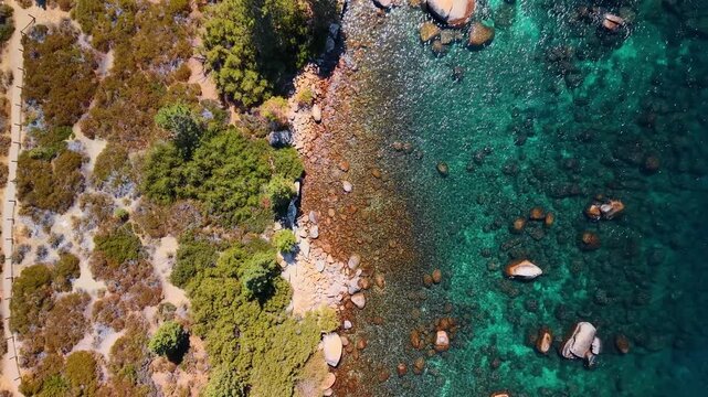A shoreline path borders rocks and trees at Lake Tahoe. An overhead view traces pale ground beside green foliage and turquoise water with submerged stones.