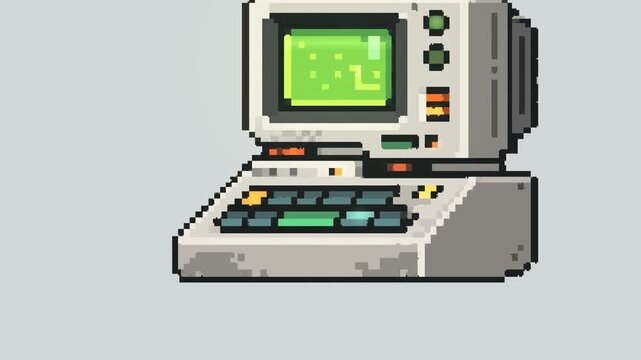 Retro computer pixel art animation isolated on a light grey background