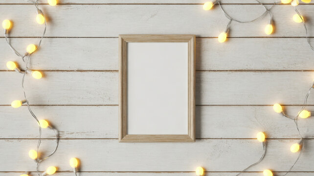 Empty picture frame on wood background with string lights