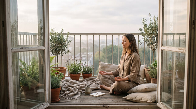 Woman meditating and practicing yoga on a cozy balcony garden