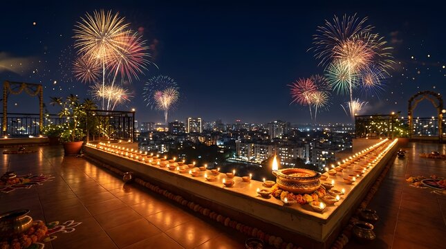 A breathtaking nighttime cityscape illuminated by vibrant diwali fireworks celebrating the festival of lights with joyous energy and radiant colors
