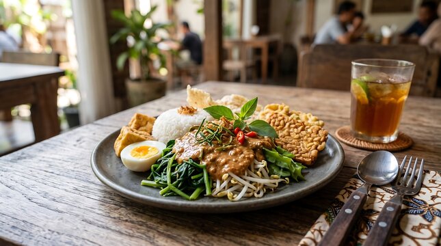 Traditional Indonesian Pecel Salad with Peanut Sauce and Rice