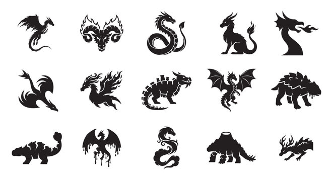 Mythical dragon silhouettes set, 15 fantasy creature icons in black vector style, ancient monster and beast symbols for gaming and branding