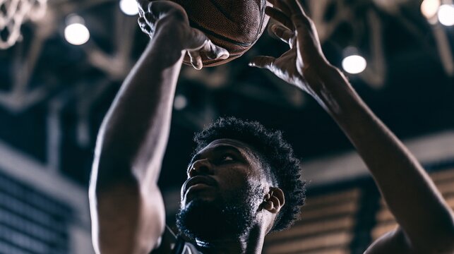 Close-up action shot of a basketball player mid-jump shooting a free throw, fingers gripping the