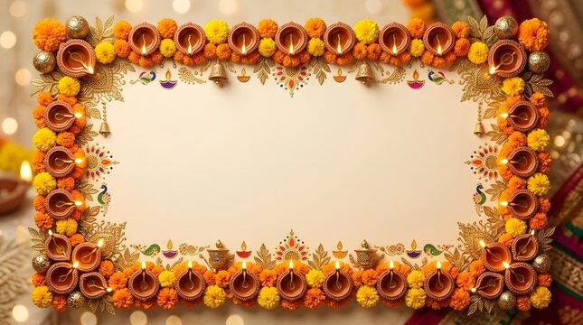 A radiant diwali frame adorned with marigolds and twinkling lights symbolizing prosperity joy and the triumph of light over darkness