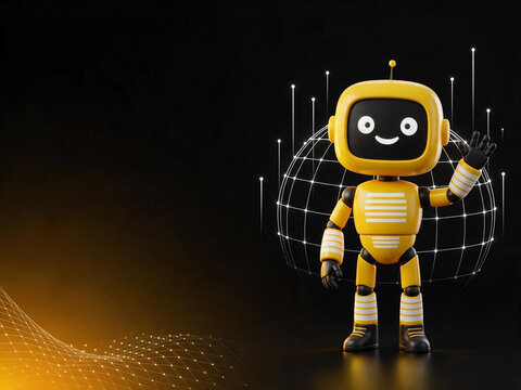 Cute yellow 3D robot character waving hand with glowing digital network globe grid on dark hero section background