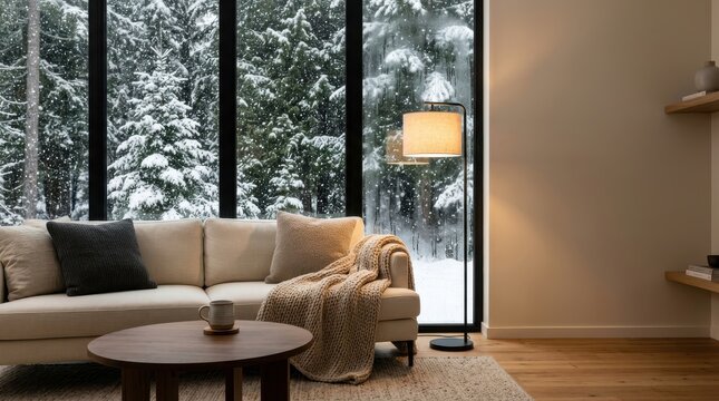 Cozy living room interior features large window with snow-covered forest view, warm lighting, and comfortable furniture perfect for winter relaxation.