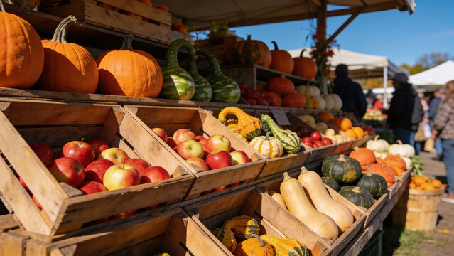 Farmers market stall with pumpkins and apples