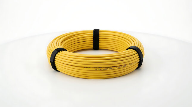 Coiled yellow fiber optic cable secured with black cable ties on a white background