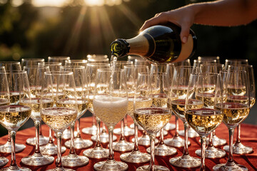 Naklejka premium Woman hand pours sparkling champagne from bottle into many wine glasses. Luxury celebration setup for wedding big party at sunset. Bubbles rise in glasses on red tablecloth. Elegant outdoor event